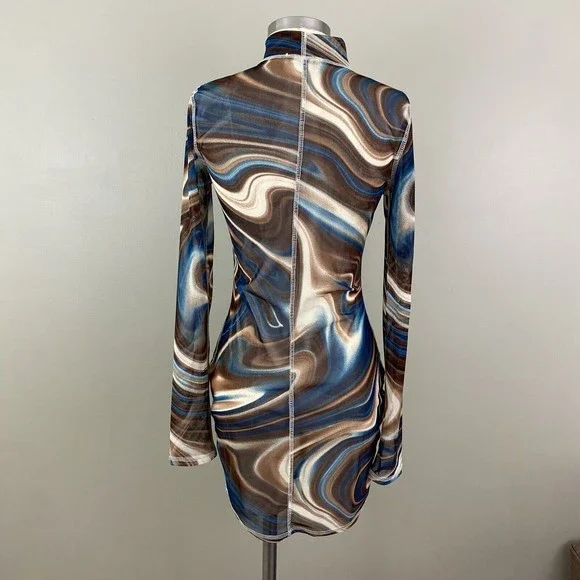 Vtg 90s Y2k Mesh Dress S M Bodycon Swirl Sheer Stretch Blue Brown Rave Club - Picture 6 of 11